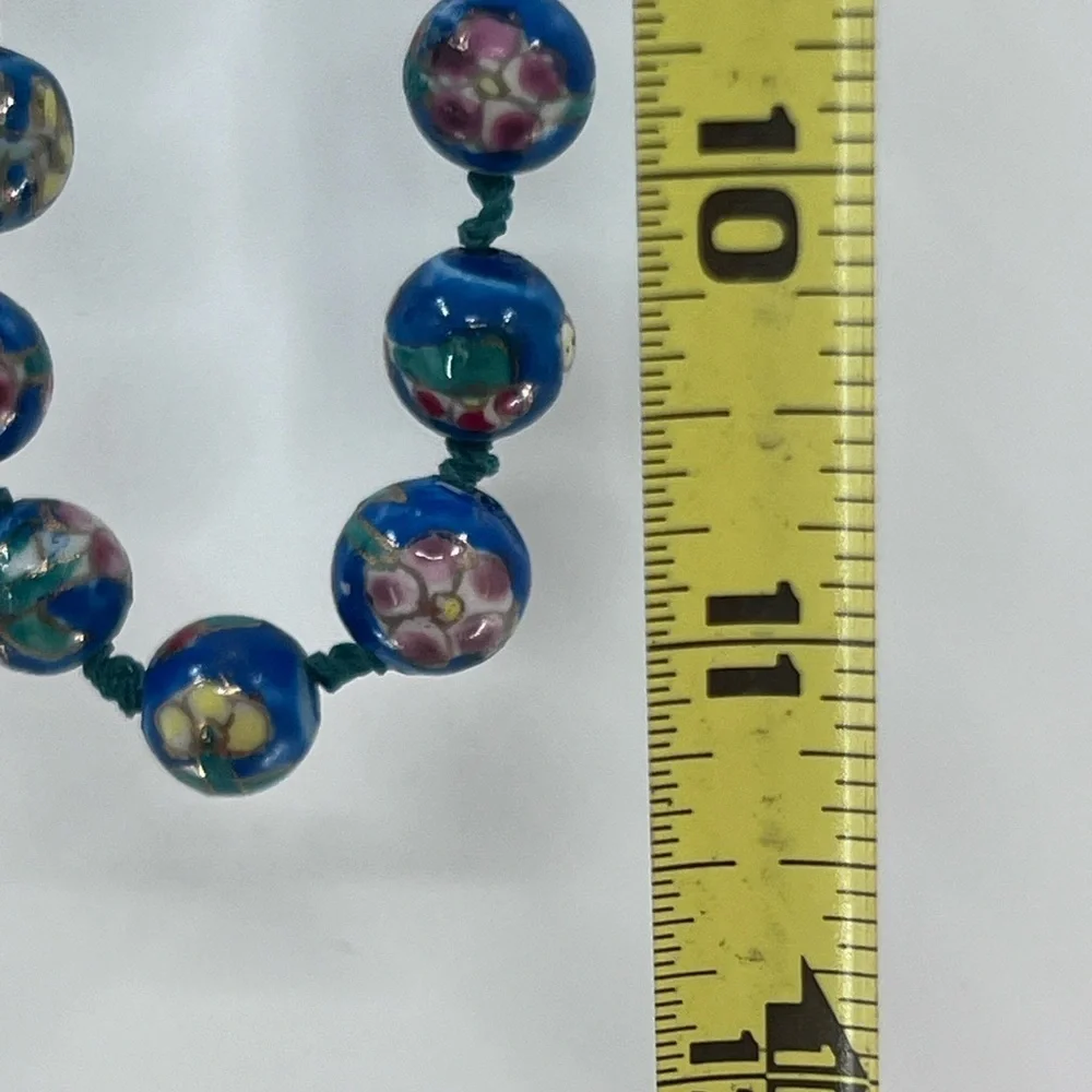 Vintage Blue Cloisonne Double Hand Knotted bead necklace and earrings